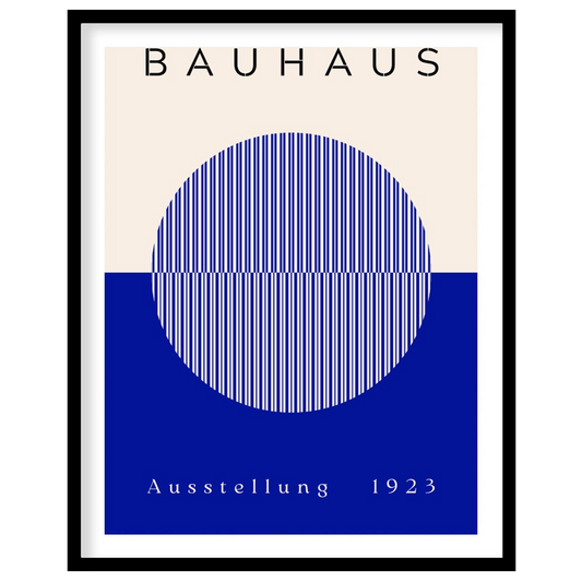 This Bauhaus-inspired poster features a large, off-white circle filled with thin, vertical blue str… for area