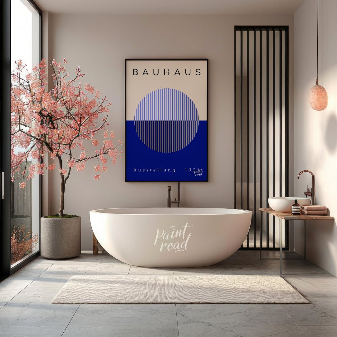 This Bauhaus-inspired poster features a large, off-white circle filled with thin, vertical blue str… for bathroom
