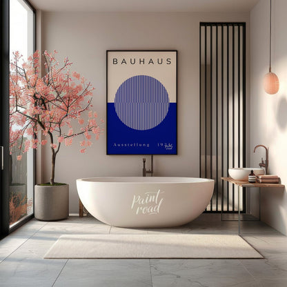 This Bauhaus-inspired poster features a large, off-white circle filled with thin, vertical blue str… for bathroom
