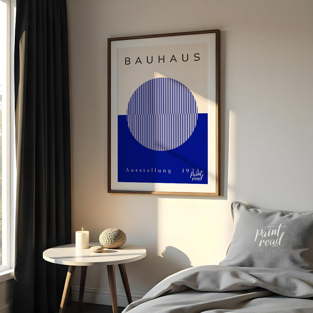 This Bauhaus-inspired poster features a large, off-white circle filled with thin, vertical blue str… for bedroom