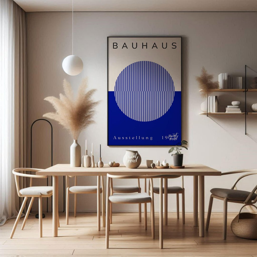 This Bauhaus-inspired poster features a large, off-white circle filled with thin, vertical blue str… for dining room