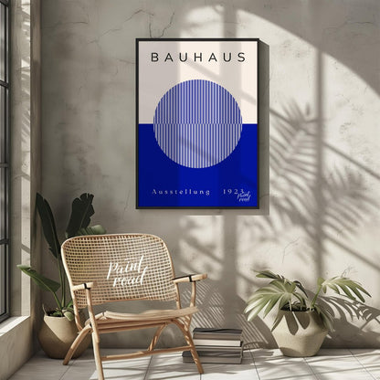 This Bauhaus-inspired poster features a large, off-white circle filled with thin, vertical blue str… for living room