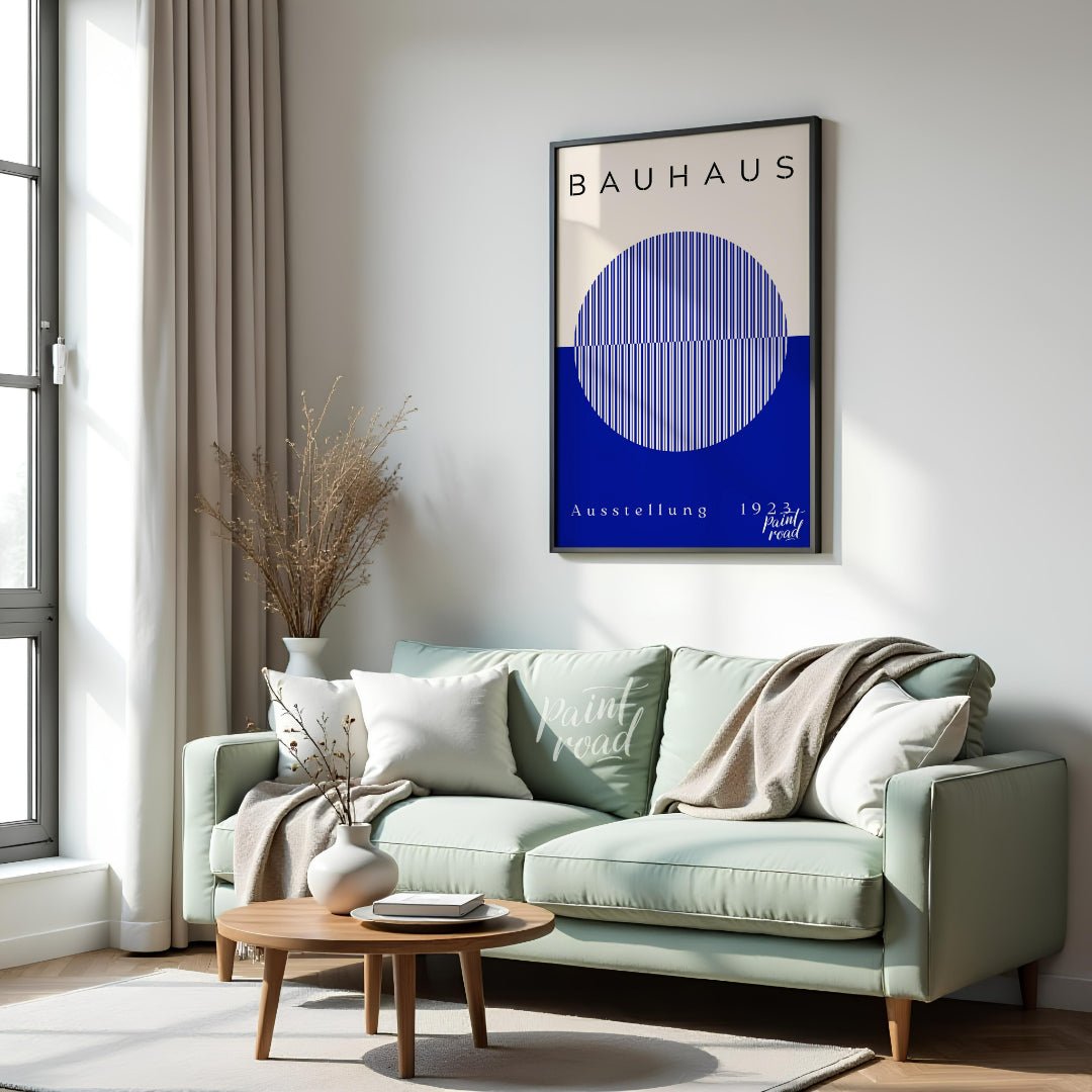 This Bauhaus-inspired poster features a large, off-white circle filled with thin, vertical blue str… for living room