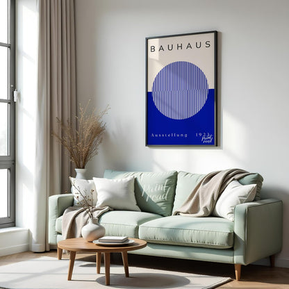 This Bauhaus-inspired poster features a large, off-white circle filled with thin, vertical blue str… for living room