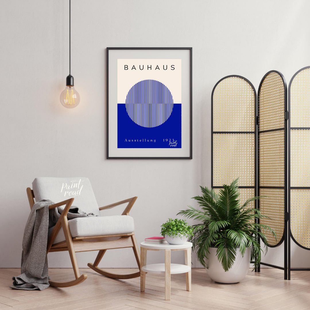 This Bauhaus-inspired poster features a large, off-white circle filled with thin, vertical blue str… for living room