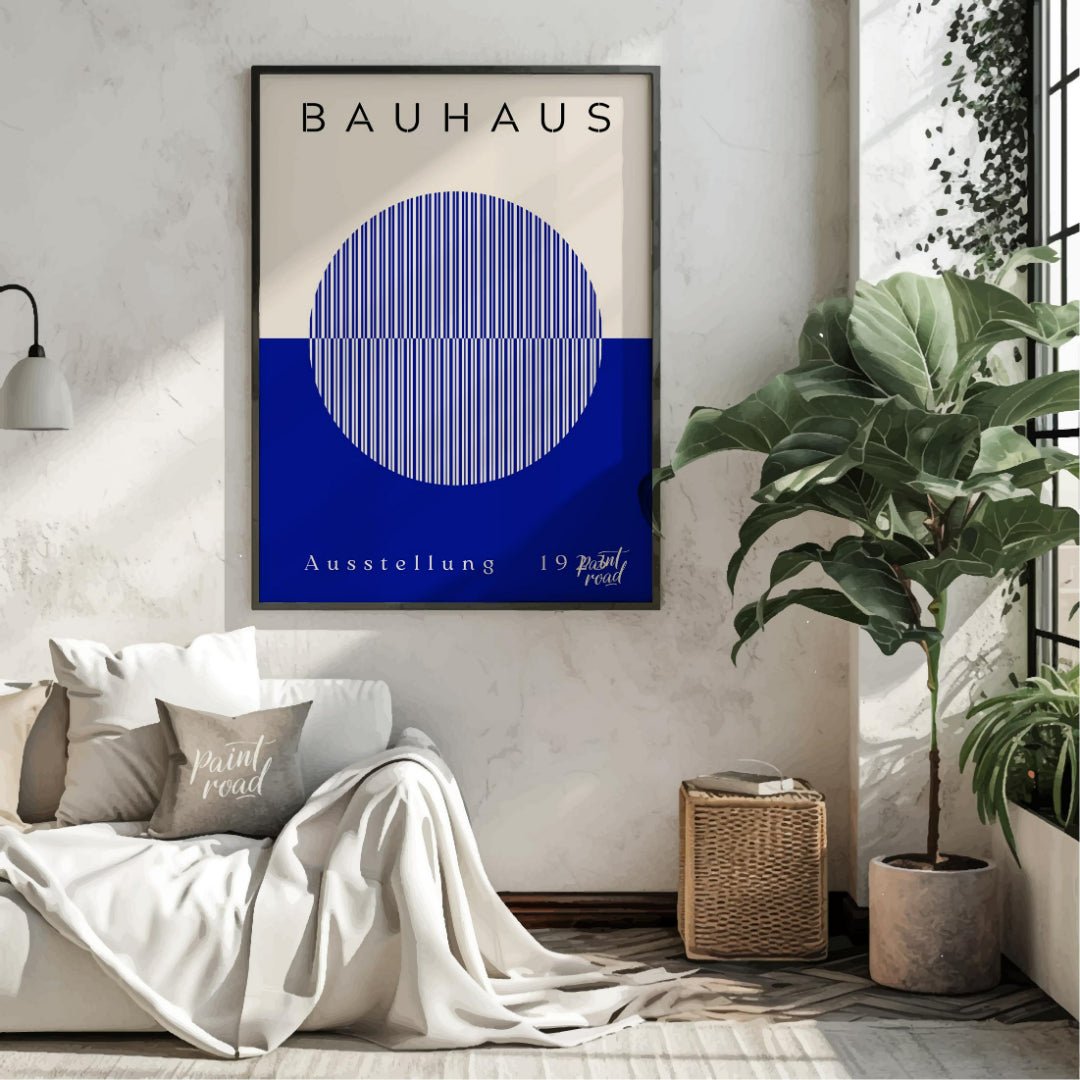 This Bauhaus-inspired poster features a large, off-white circle filled with thin, vertical blue str… for living room