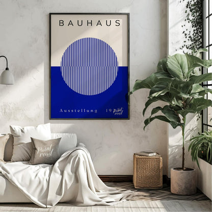 This Bauhaus-inspired poster features a large, off-white circle filled with thin, vertical blue str… for living room