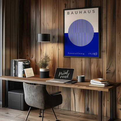 This Bauhaus-inspired poster features a large, off-white circle filled with thin, vertical blue str… for office