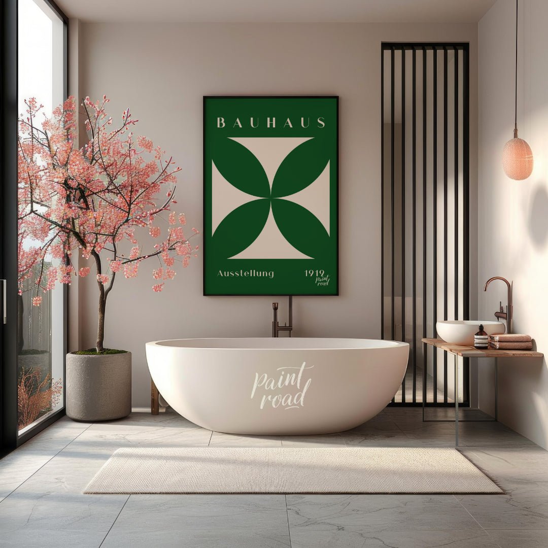 This striking Bauhaus poster, "Bauhaus Ausstellung Cross," features a bold, cream-colored geometric… for bathroom