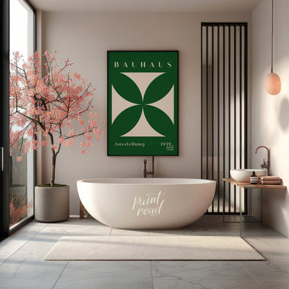 This striking Bauhaus poster, "Bauhaus Ausstellung Cross," features a bold, cream-colored geometric… for bathroom