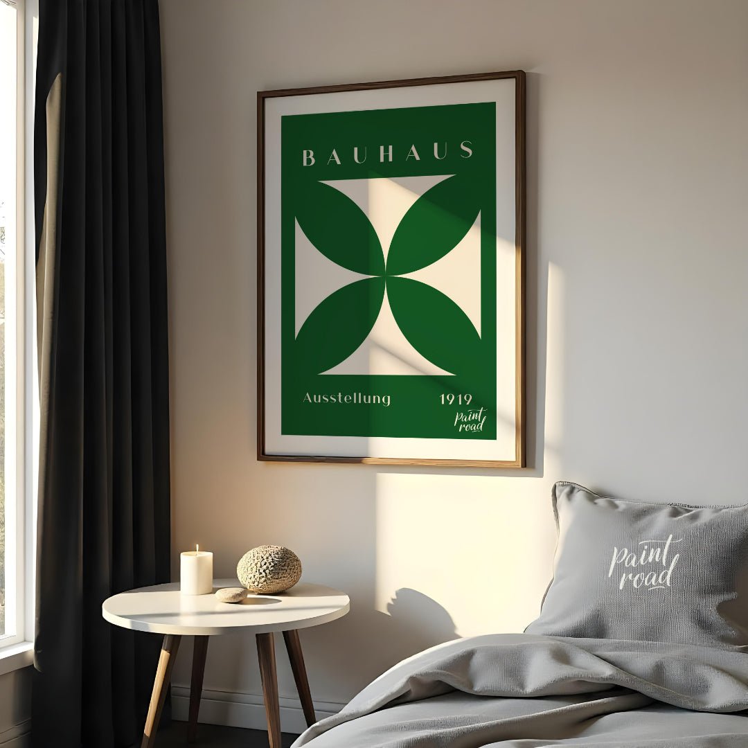 This striking Bauhaus poster, "Bauhaus Ausstellung Cross," features a bold, cream-colored geometric… for bedroom