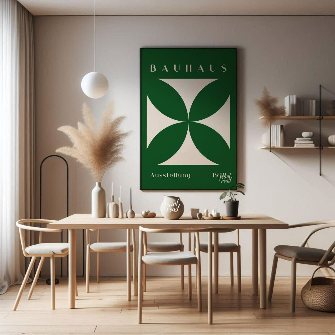 This striking Bauhaus poster, "Bauhaus Ausstellung Cross," features a bold, cream-colored geometric… for dining room