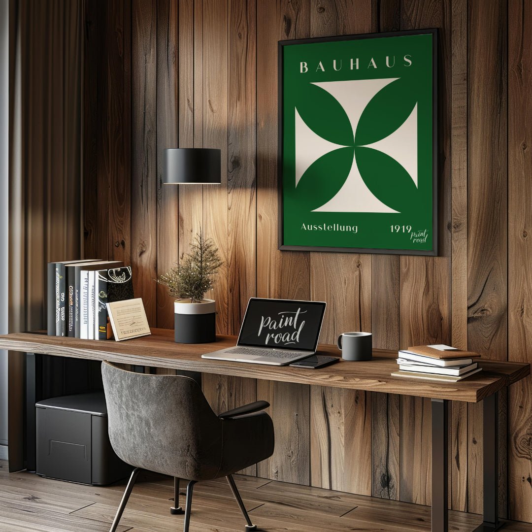 This striking Bauhaus poster, "Bauhaus Ausstellung Cross," features a bold, cream-colored geometric… for office