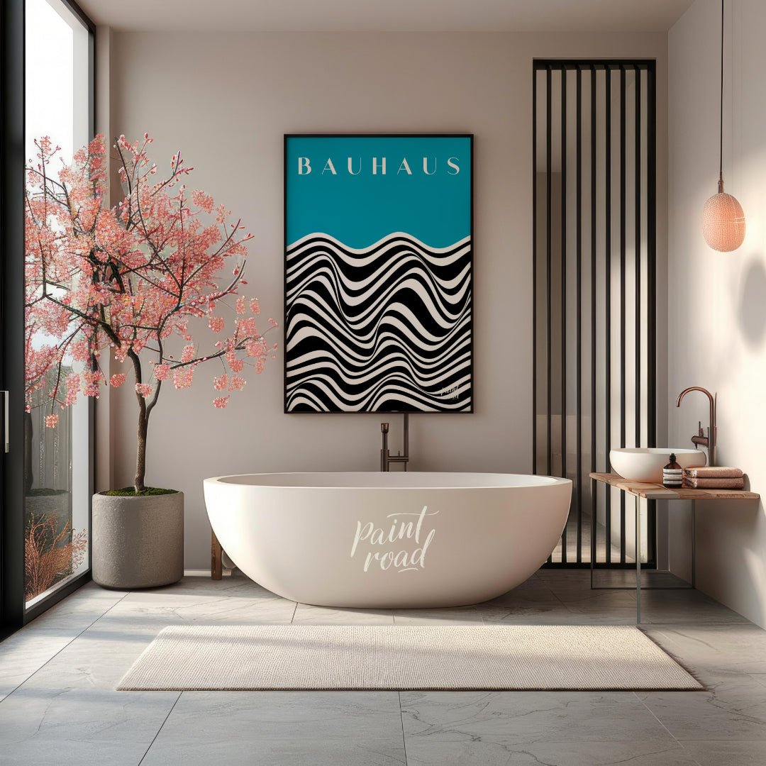 This captivating art print draws inspiration from the iconic Bauhaus movement, presenting a dynamic… for bathroom