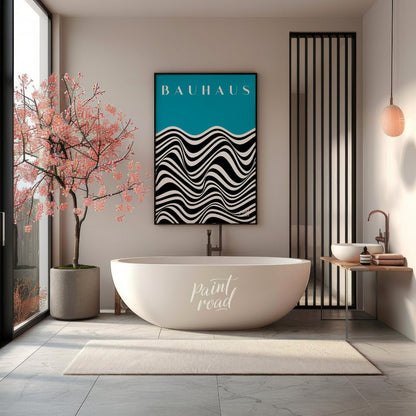 This captivating art print draws inspiration from the iconic Bauhaus movement, presenting a dynamic… for bathroom