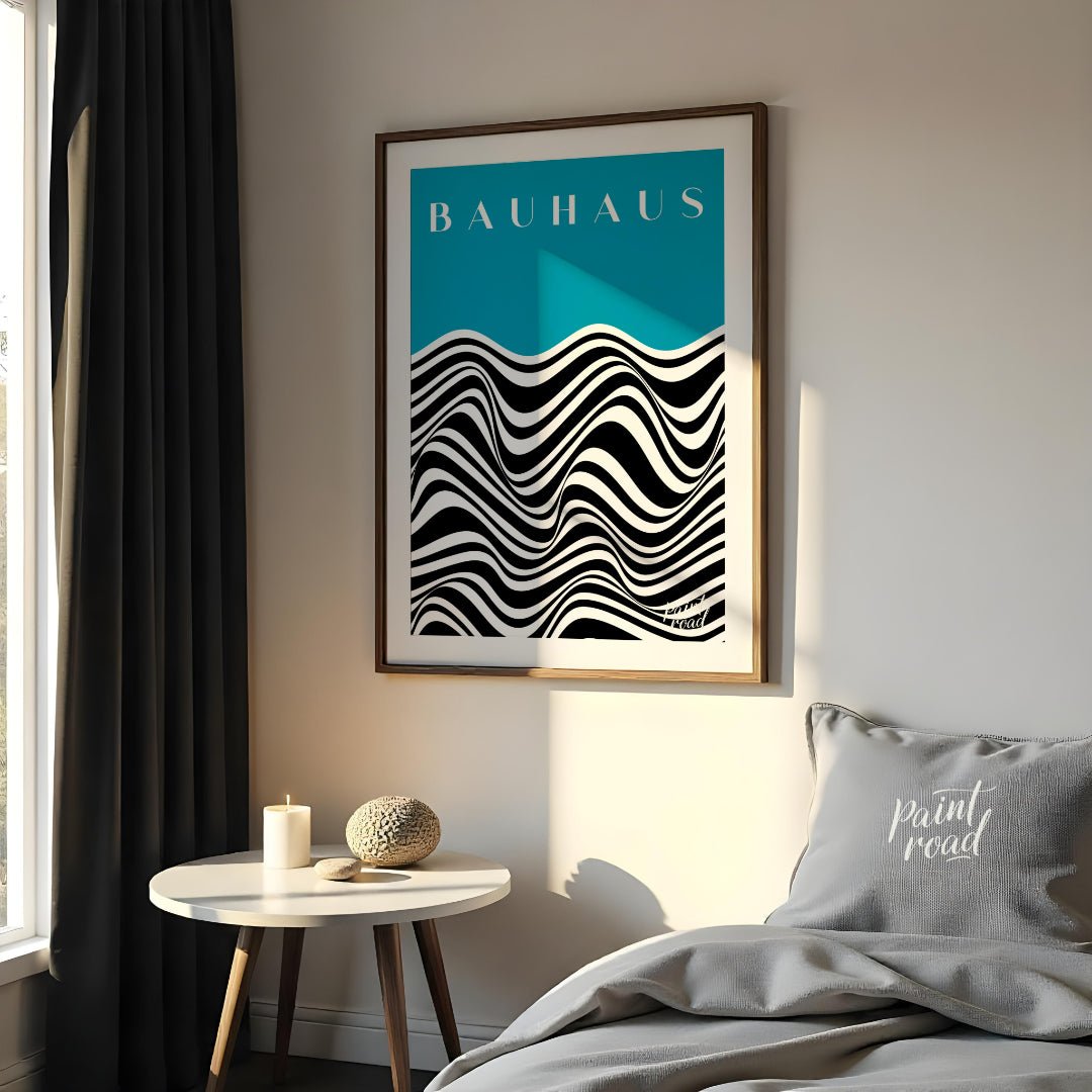 This captivating art print draws inspiration from the iconic Bauhaus movement, presenting a dynamic… for bedroom