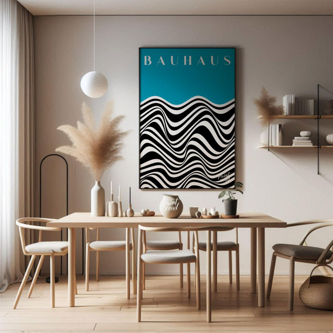 This captivating art print draws inspiration from the iconic Bauhaus movement, presenting a dynamic… for dining room