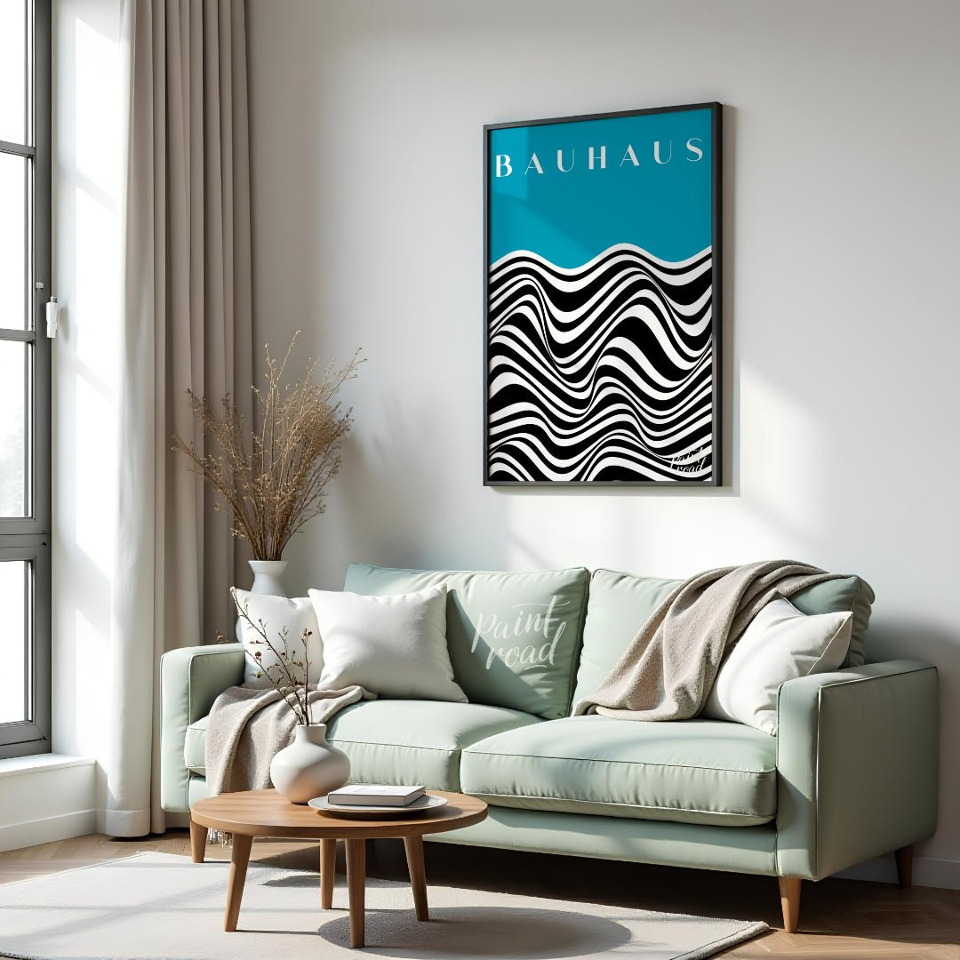 This captivating art print draws inspiration from the iconic Bauhaus movement, presenting a dynamic… for living room
