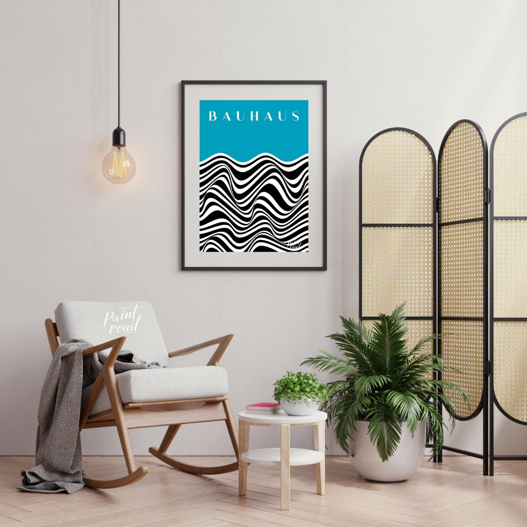 This captivating art print draws inspiration from the iconic Bauhaus movement, presenting a dynamic… for living room