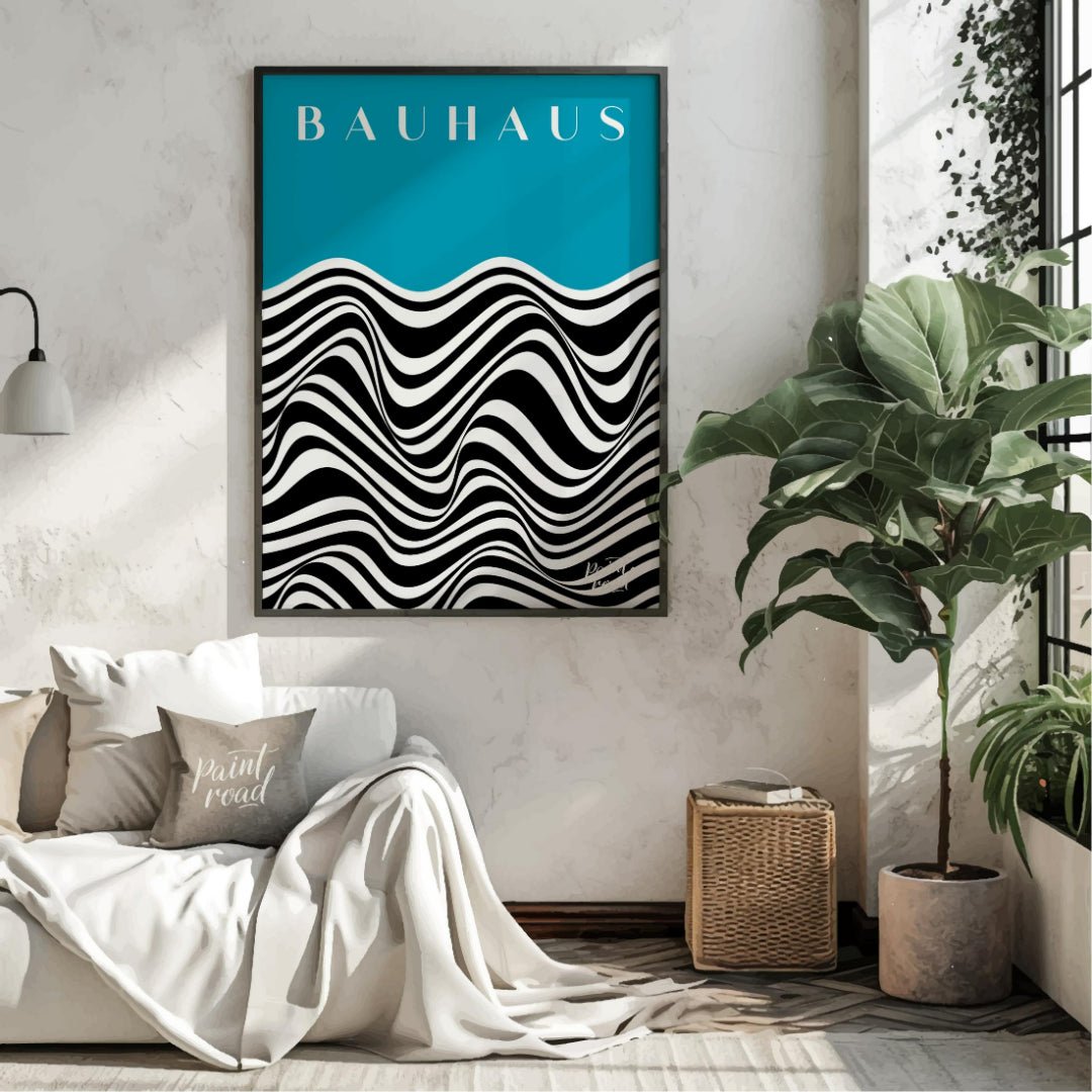 This captivating art print draws inspiration from the iconic Bauhaus movement, presenting a dynamic… for living room