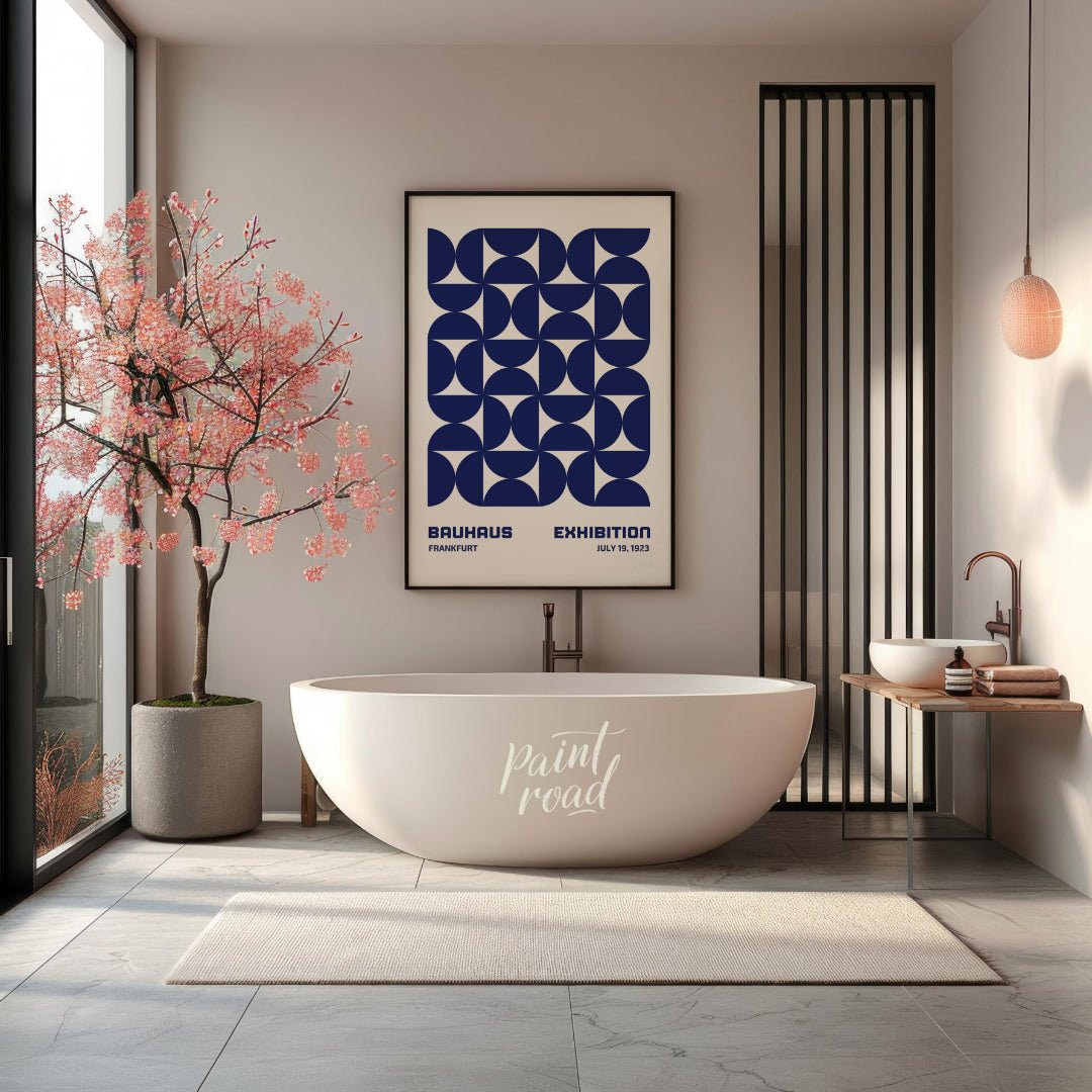This Bauhaus-inspired poster features a captivating grid pattern composed of interlocking quarter-c… for bathroom