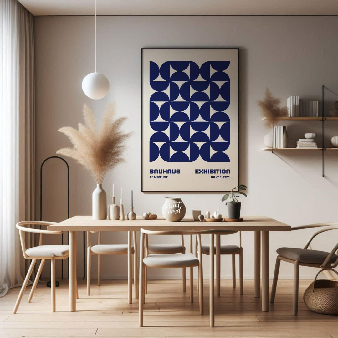 This Bauhaus-inspired poster features a captivating grid pattern composed of interlocking quarter-c… for dining room