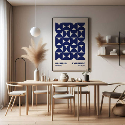 This Bauhaus-inspired poster features a captivating grid pattern composed of interlocking quarter-c… for dining room