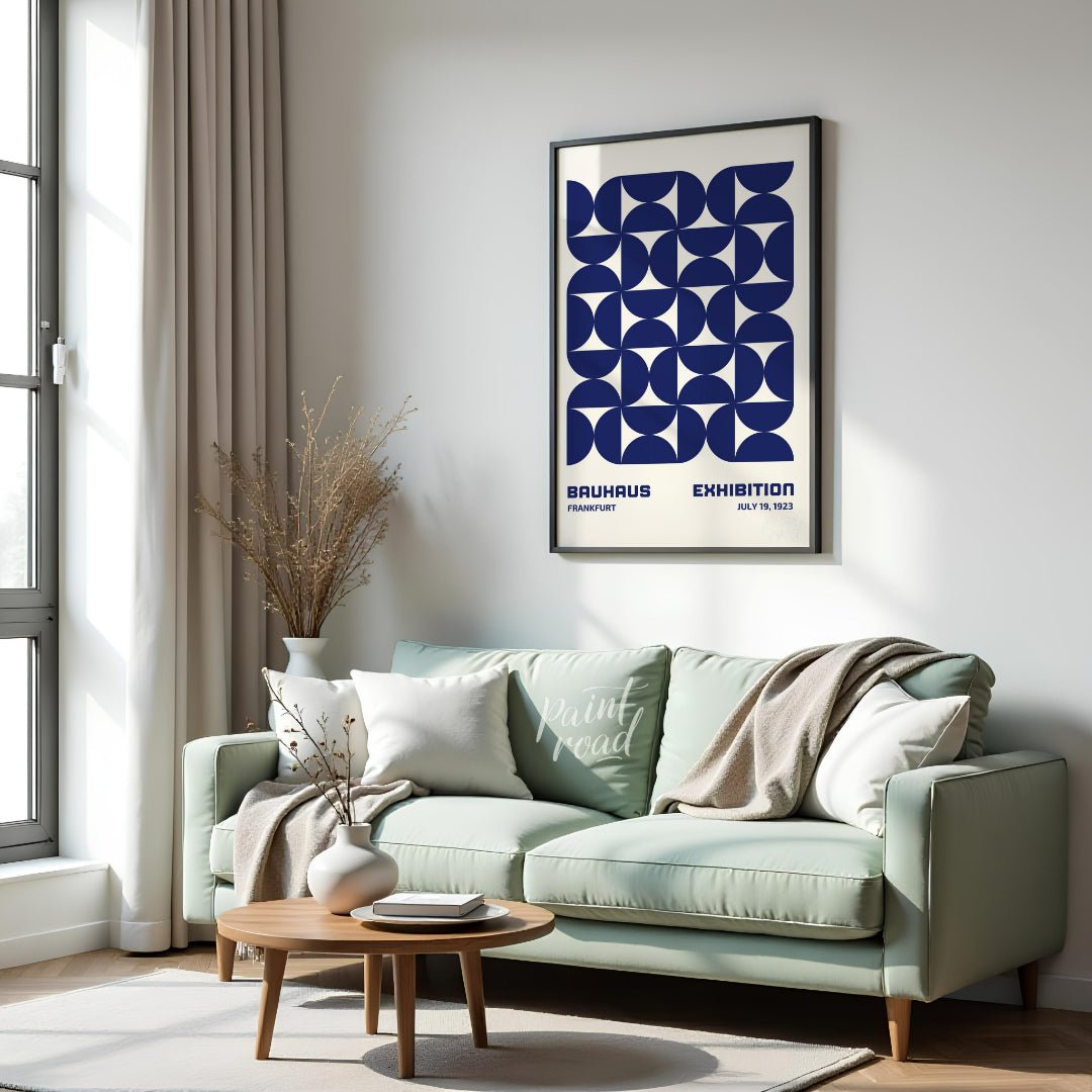 This Bauhaus-inspired poster features a captivating grid pattern composed of interlocking quarter-c… for living room