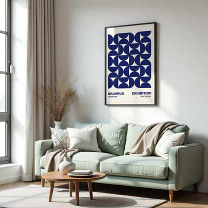 This Bauhaus-inspired poster features a captivating grid pattern composed of interlocking quarter-c… for living room