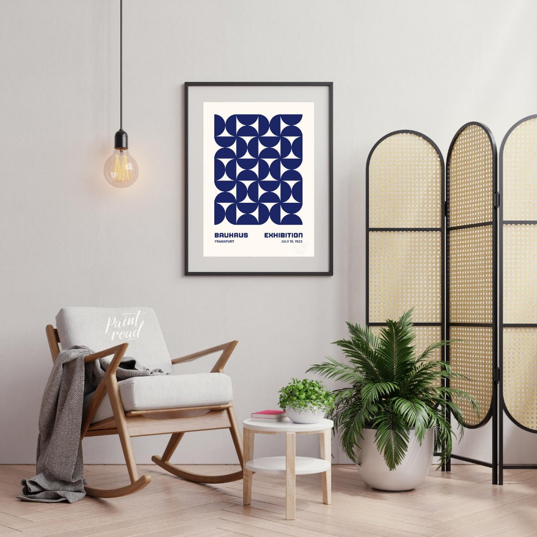 This Bauhaus-inspired poster features a captivating grid pattern composed of interlocking quarter-c… for living room