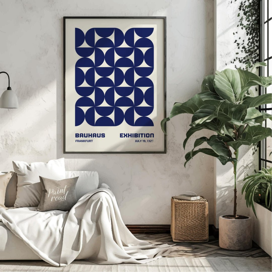 This Bauhaus-inspired poster features a captivating grid pattern composed of interlocking quarter-c… for living room