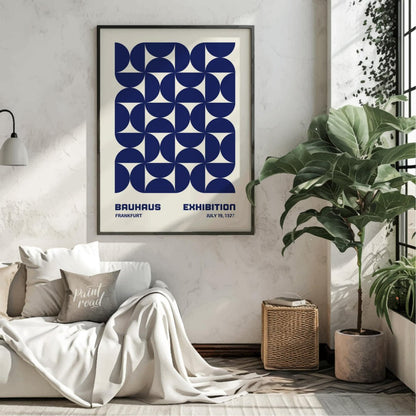 This Bauhaus-inspired poster features a captivating grid pattern composed of interlocking quarter-c… for living room