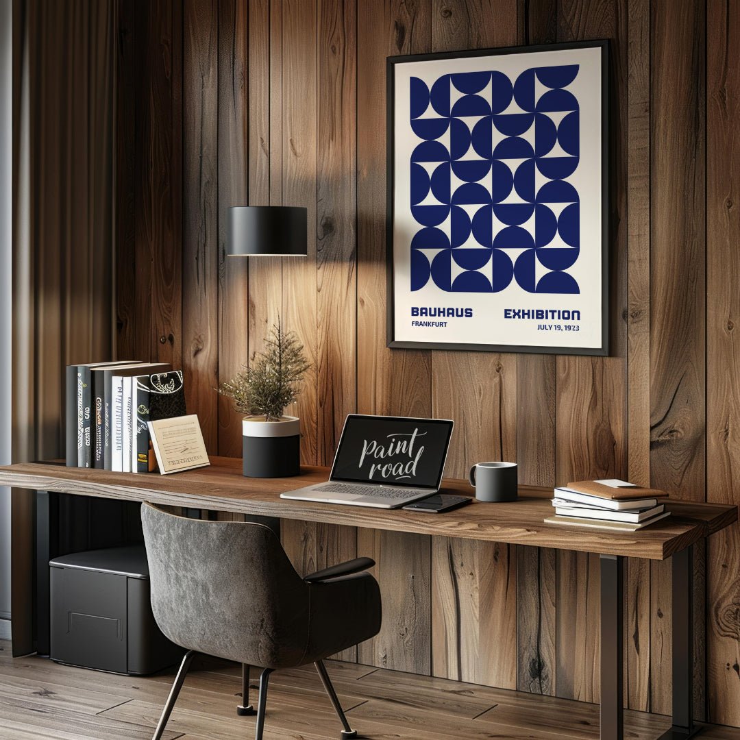 This Bauhaus-inspired poster features a captivating grid pattern composed of interlocking quarter-c… for office