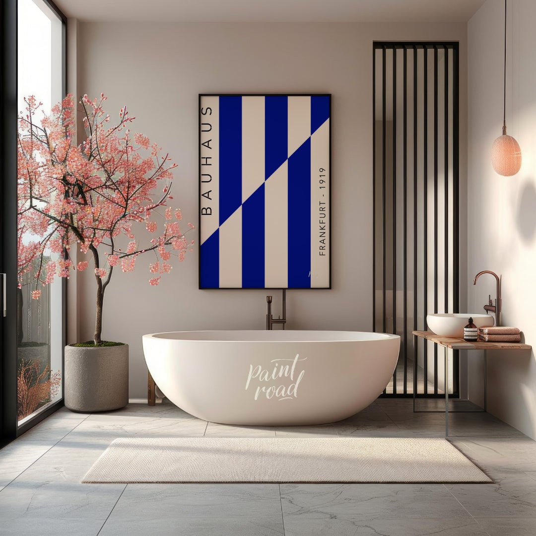 This striking Bauhaus-inspired print features a dynamic composition of bold blue and off-white vert… for bathroom
