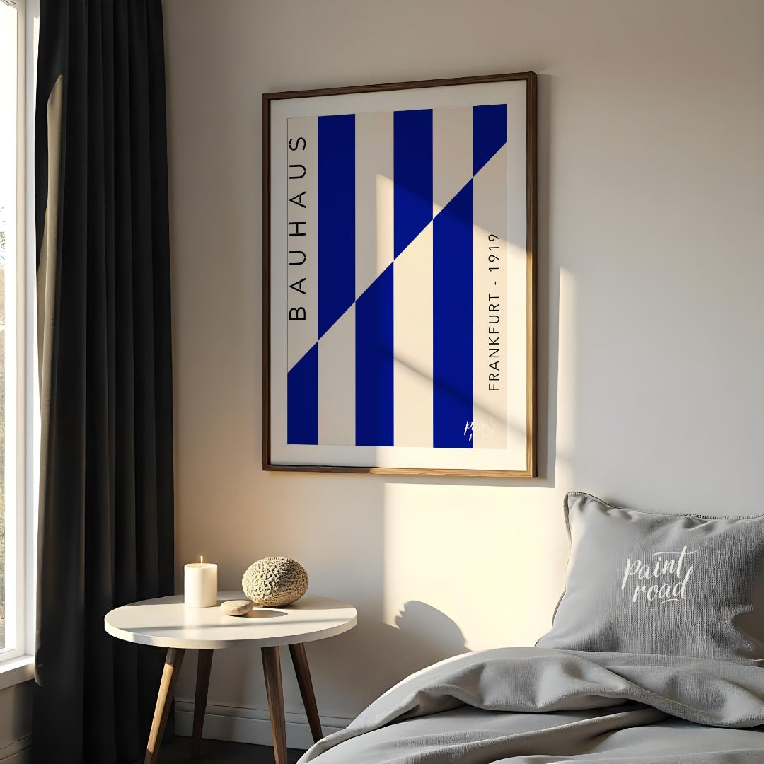 This striking Bauhaus-inspired print features a dynamic composition of bold blue and off-white vert… for bedroom