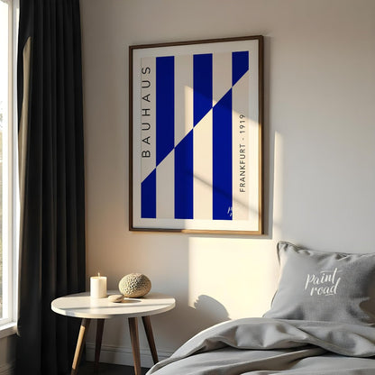 This striking Bauhaus-inspired print features a dynamic composition of bold blue and off-white vert… for bedroom