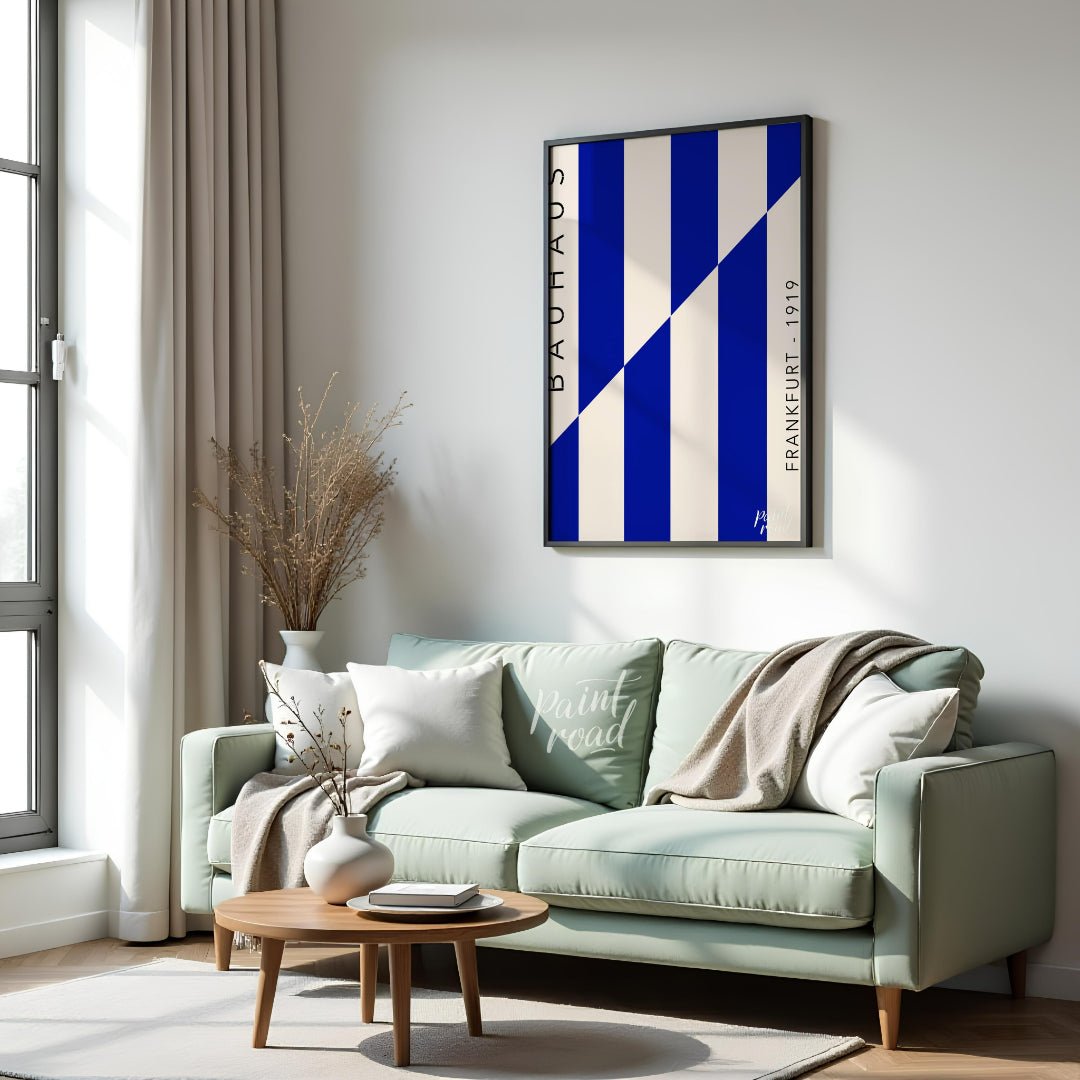 This striking Bauhaus-inspired print features a dynamic composition of bold blue and off-white vert… for living room