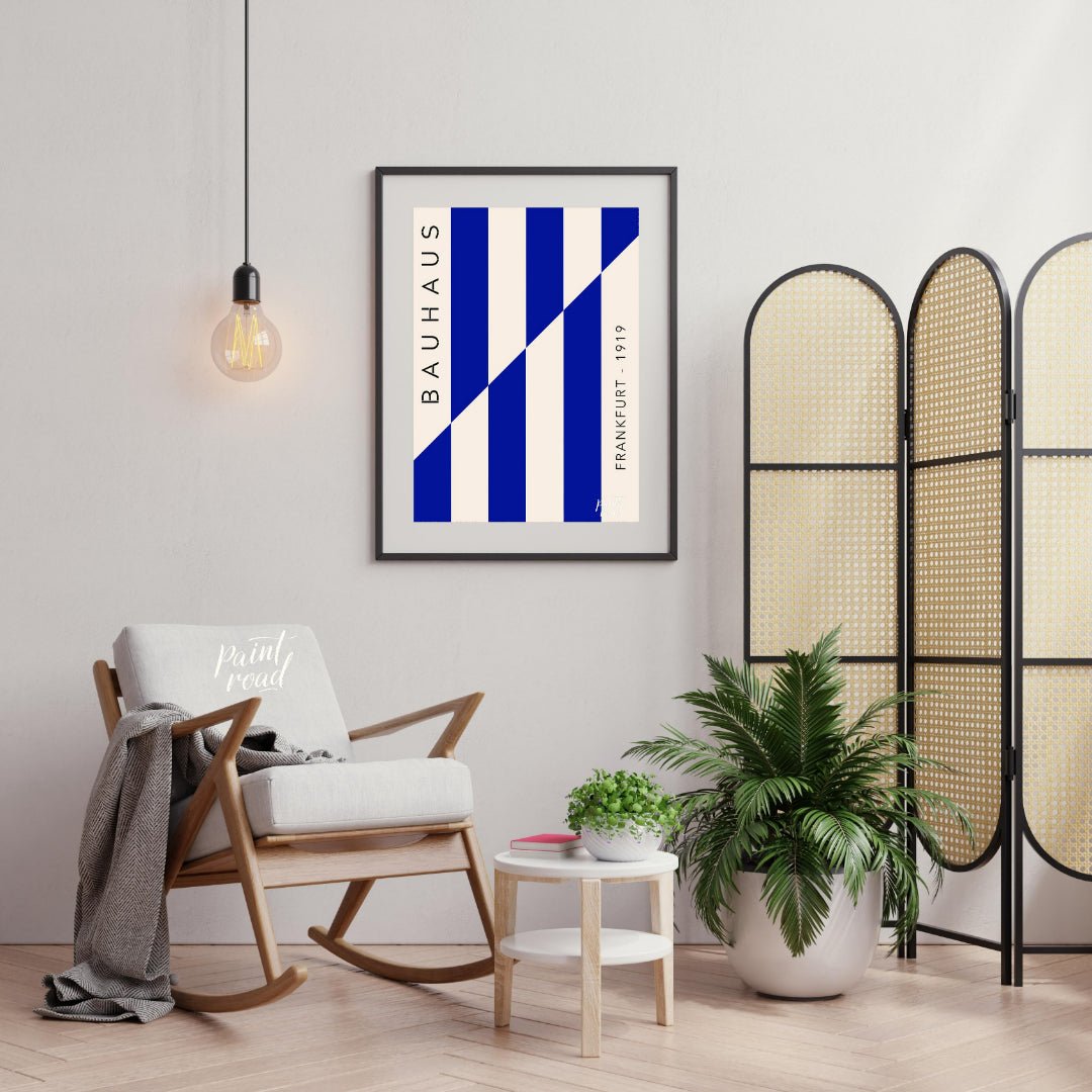 This striking Bauhaus-inspired print features a dynamic composition of bold blue and off-white vert… for living room