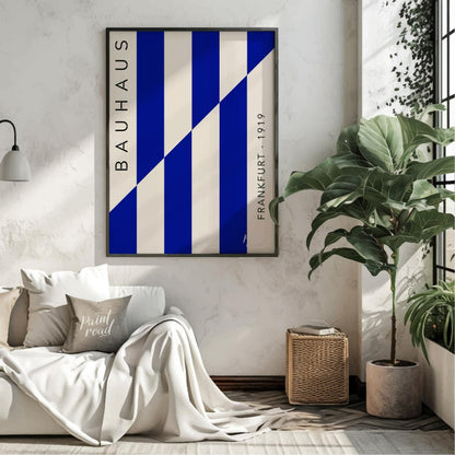 This striking Bauhaus-inspired print features a dynamic composition of bold blue and off-white vert… for living room