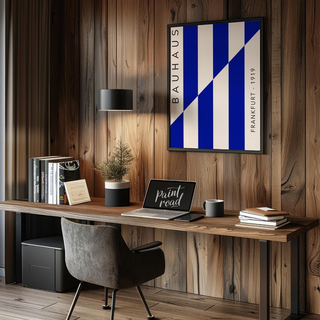 This striking Bauhaus-inspired print features a dynamic composition of bold blue and off-white vert… for office