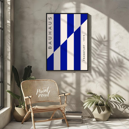 This striking Bauhaus-inspired print features a dynamic composition of bold blue and off-white vert… for other
