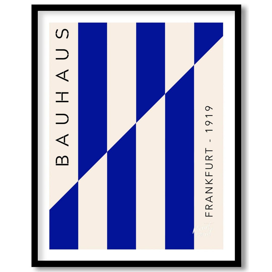This striking Bauhaus-inspired print features a dynamic composition of bold blue and off-white vert… for place