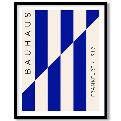 This striking Bauhaus-inspired print features a dynamic composition of bold blue and off-white vert… for place