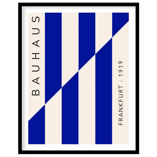 This striking Bauhaus-inspired print features a dynamic composition of bold blue and off-white vert… for place