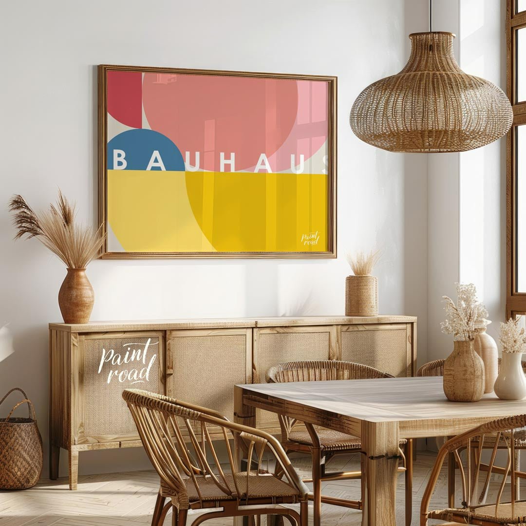 This vibrant Bauhaus-inspired poster features an overlapping composition of large, sweeping circula… for dining room
