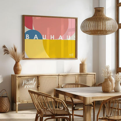 This vibrant Bauhaus-inspired poster features an overlapping composition of large, sweeping circula… for dining room