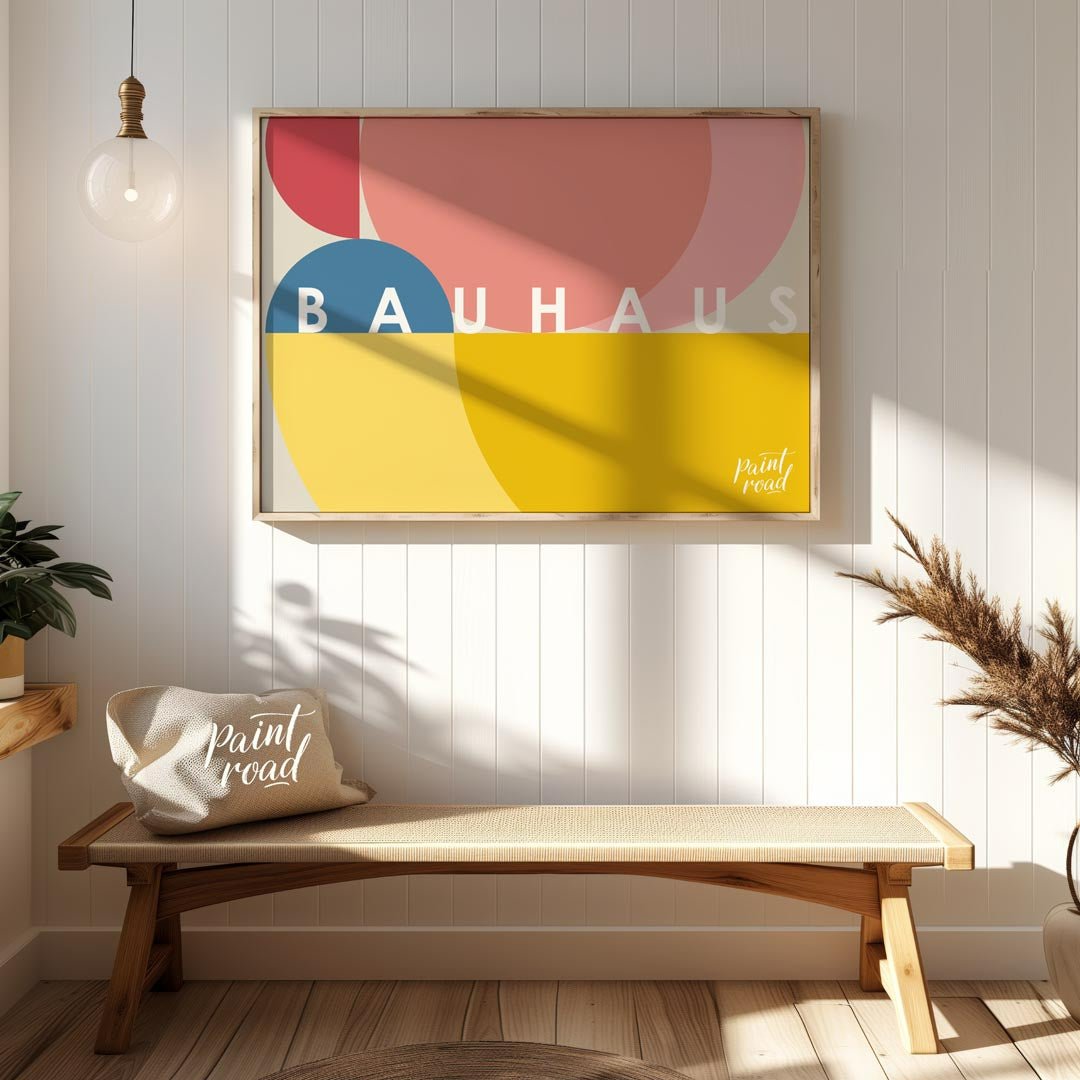 This vibrant Bauhaus-inspired poster features an overlapping composition of large, sweeping circula… for entryway