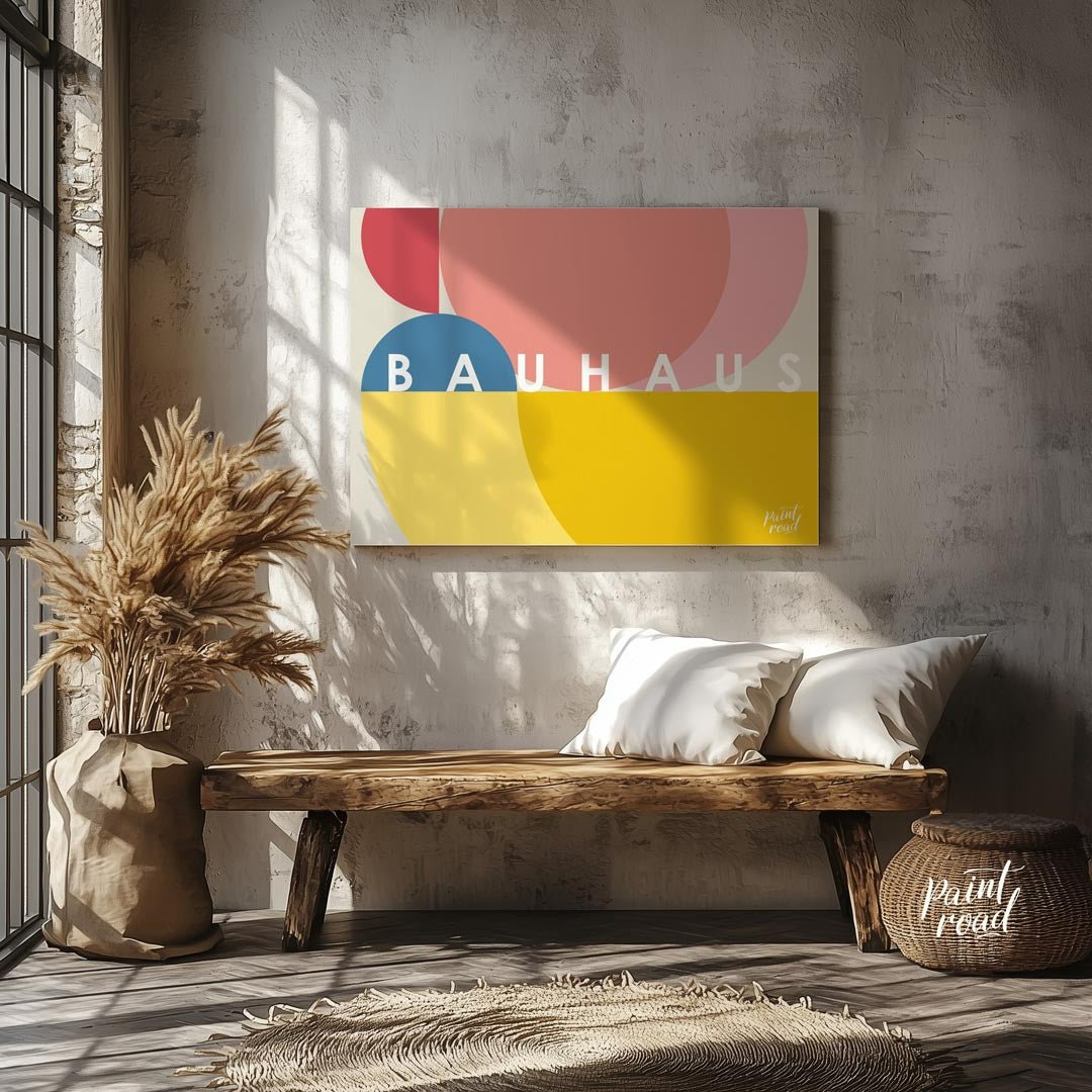 This vibrant Bauhaus-inspired poster features an overlapping composition of large, sweeping circula… for entryway