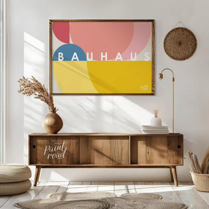 This vibrant Bauhaus-inspired poster features an overlapping composition of large, sweeping circula… for living room