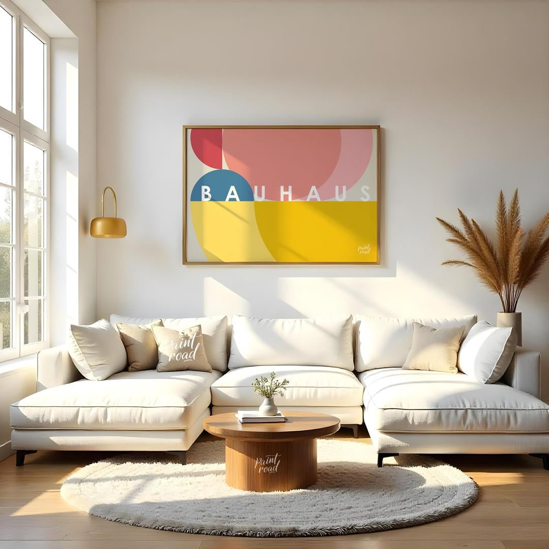 This vibrant Bauhaus-inspired poster features an overlapping composition of large, sweeping circula… for living room